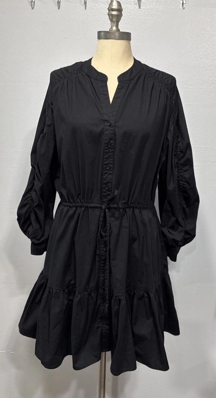 ASTR THE LABEL Ruched Long Sleeve Shirtdress Tiered Black Size M Preppy Party